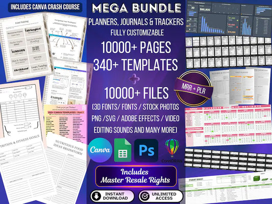 20,000+ PLR Files: Planners, Journals & Templates (+ 340 Bonus Trackers, Printable, 6500 Fonts, Canva Course,& More)